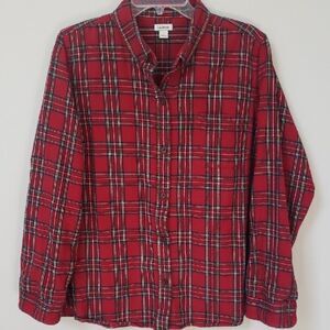 LL Bean Top Womens 1X Tartan Plaid Flannel Shirt Classic Red Casual Cabincore